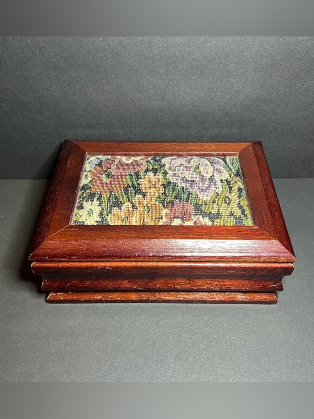 Vintage Floral Tapestry Inlay Wooden Hinged Lid Pink Velvet Lined Jewelry Box